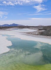 Idyllic landscape with mountain salt lakes set against a backdrop of majestic mountain peaks