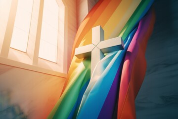 rainbow flag in a church, Embracing the Intersection of Faith and Inclusivity: A Captivating Photographic Image of a Christian Cross Entwined with a Pride Flag Symbolizing the Power of Love and Unity