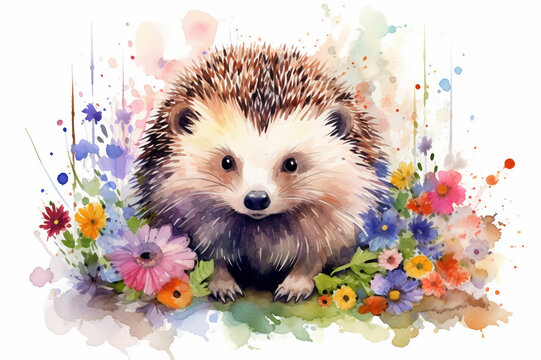 Watercolor painting of a cute hedgehog in a colorful flower field. Ideal for art print, greeting card, springtime concepts etc. Made with generative AI.
