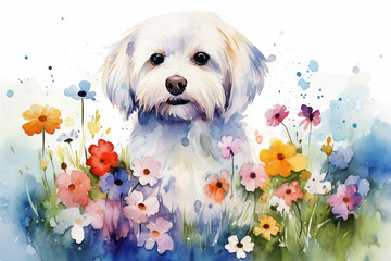 Watercolor painting of a cute maltese dog in a colorful flower field. Ideal for art print, greeting card, springtime concepts etc. Made with generative AI.
