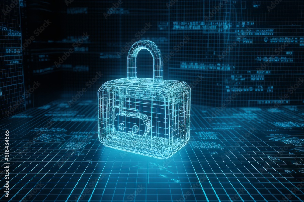 Fototapete binary code lock, Unlocking the Digital Fort: CGI Image of a Padlock Transformed into a Cryptic Circuitry Artwork, Evoking the Aesthetics of Cryptid Academia