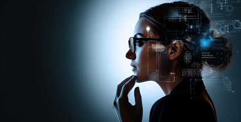 Ambient portrait of cyborg female head wearing glasses, a woman looking at digital symbols in technology tejido, head image when some digital information enters her head, computer aided manufacturing - obrazy, fototapety, plakaty