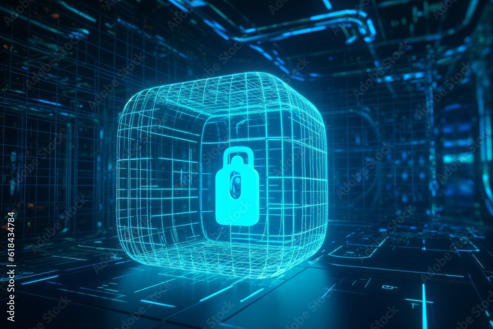 Poster binary code lock, Unlocking the Digital Fort: CGI Image of a Padlock Transformed into a Cryptic Circuitry Artwork, Evoking the Aesthetics of Cryptid Academia