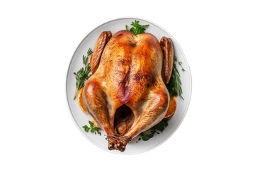 Roasted chicken or baked thanksgiving turkey on a Christmas or Thanksgiving table. Isolated on white. Generative AI technology