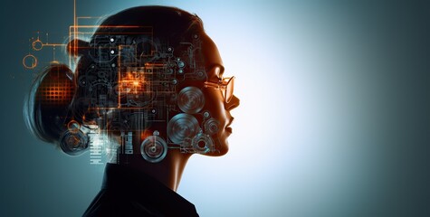 Ambient portrait of cyborg female head wearing glasses, a woman looking at digital symbols in technology tejido, head image when some digital information enters her head, computer aided manufacturing