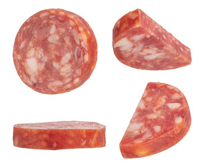 Dried sausage slices on a white isolated background. Sausage slices in different cuts are suitable...