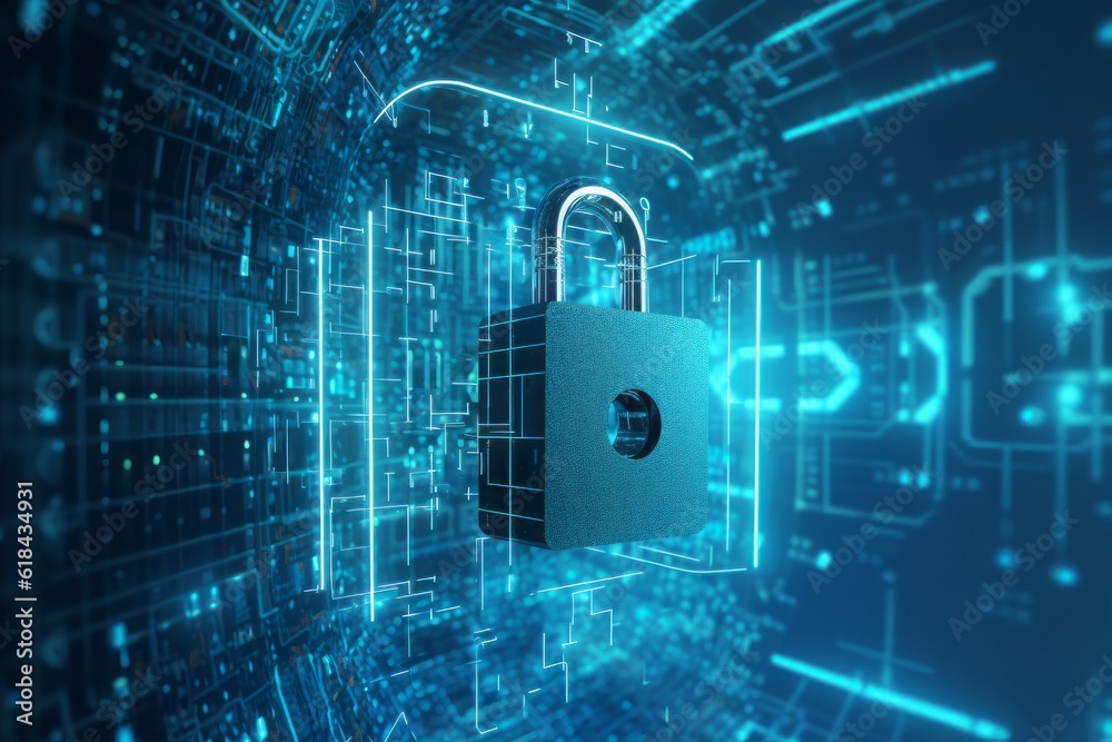 Poster binary code lock, Unlocking the Digital Fort: CGI Image of a Padlock Transformed into a Cryptic Circuitry Artwork, Evoking the Aesthetics of Cryptid Academia