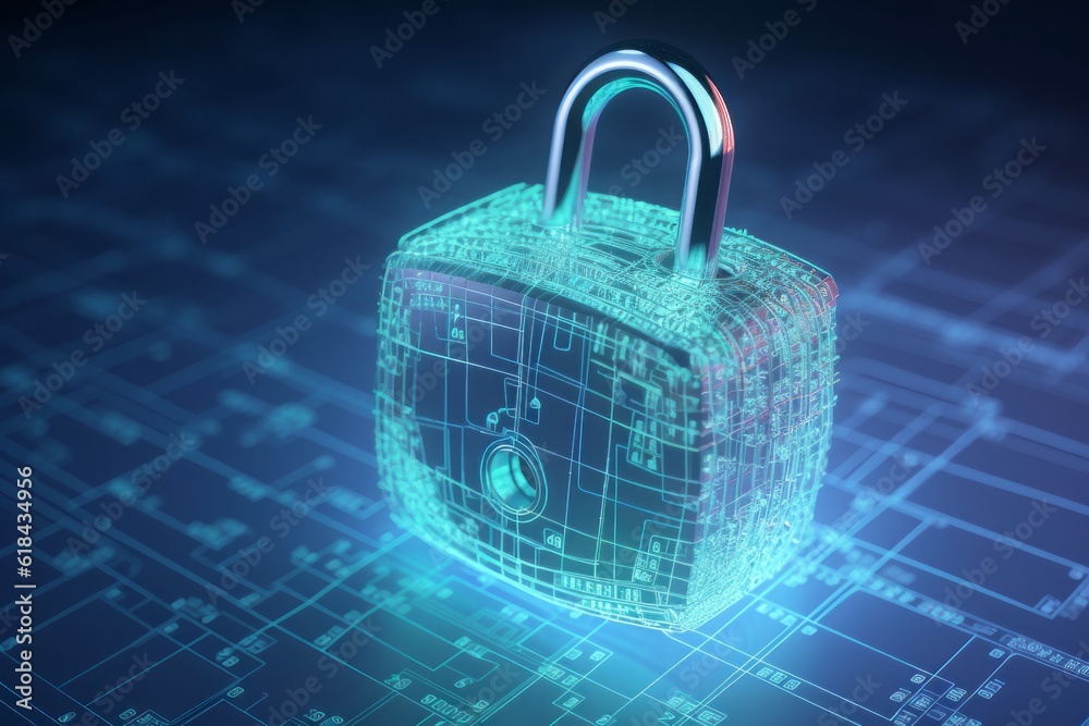 Poster binary code lock, Unlocking the Digital Fort: CGI Image of a Padlock Transformed into a Cryptic Circuitry Artwork, Evoking the Aesthetics of Cryptid Academia