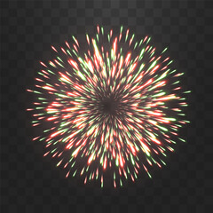 Festive fireworks with brightly shining sparks. New Year's Eve fireworks. Realistic sparks and explosions. Colorful pyrotechnics show. Vector isolated on png background.