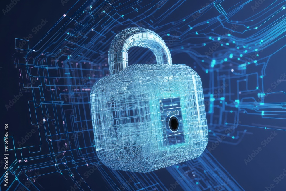 Leinwandbilder binary code lock, Unlocking the Digital Fort: CGI Image of a Padlock Transformed into a Cryptic Circuitry Artwork, Evoking the Aesthetics of Cryptid Academia