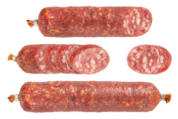 Dried sausage rolls of different cuts on a white isolated background. Sausage pieces are suitable...