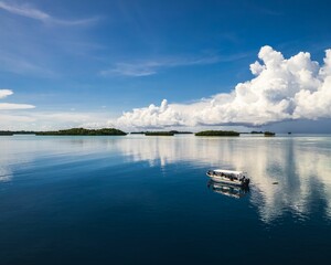 Sailboat on the calm waters on the ocean in the rock islands Palau