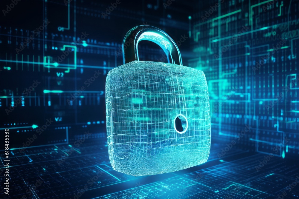 Poster binary code lock, Unlocking the Digital Fort: CGI Image of a Padlock Transformed into a Cryptic Circuitry Artwork, Evoking the Aesthetics of Cryptid Academia