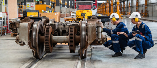 Male engineer and female maintenance staff in uniform looking at electric train parts for repairing electric train in electric train depot factory.  © supAVADEE BUTRADEE