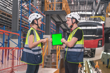 Male engineer and female mechanic in uniform and safety helmet holding tablet together looking at...