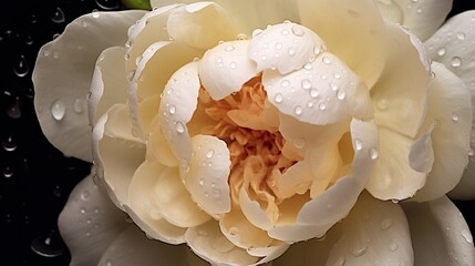 White Peony flowers with water drops background. Closeup of blossom with glistening droplets. Generative AI