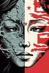 Young woman with her face painted in the colors of two different flags, with sad expression