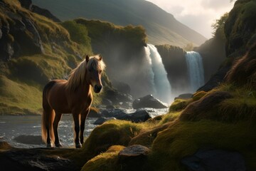 AI generated  Icelandic horse standing near lake surrounded by greenery mountains - obrazy, fototapety, plakaty