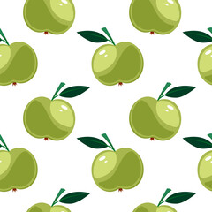 Vector cartoon pattern of whole green apples with leaves on white background