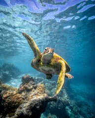 a green turtle is swimming underwater near some corals and rocks