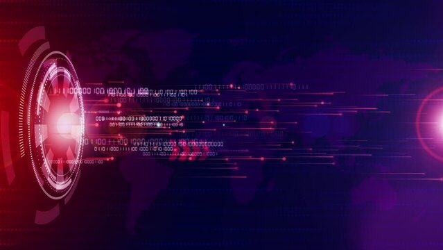 Violet glowing background with round HUD element. Moving bright rays of light with digital binary code. Technological hi-tech looped animation with world map.