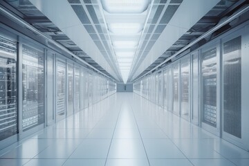 Fototapeta na wymiar data center, Server, Unleashing the Power of Technological Marvel: Exploring a White Data Center with Long Hallways, Large Computers, and an Aura of Opacity