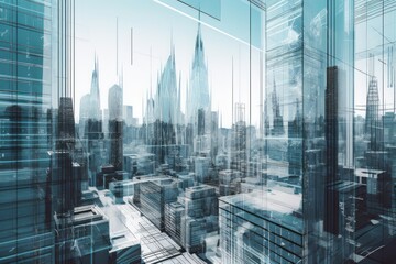 Fototapeta na wymiar Modern abstract city skyline: Vibrant and High-Energy Imagery of Modern Buildings in Architectural Blueprint Style, Showcasing Thin Steel Forms and Contemporary Glass Facades