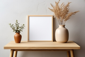 Blank frame over a modern table against the wall. Generative AI