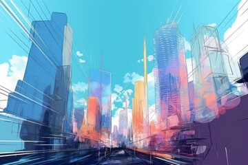 Modern abstract city skyline: Vibrant and High-Energy Imagery of Modern Buildings in Architectural Blueprint Style, Showcasing Thin Steel Forms and Contemporary Glass Facades