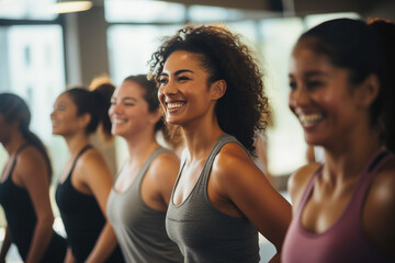 Diverse women warm up in fitness studio. Generative AI