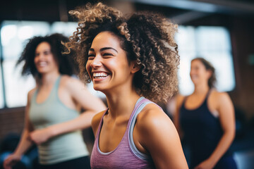 Diverse women warm up in fitness studio. Generative AI