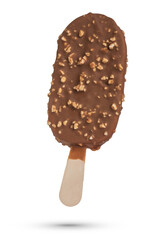 Ice cream on a stick, on a white isolated background. Ice cream covered with milk chocolate and nuts. Ice cream scoop isolate for inserting into a design or project.