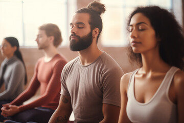 Group meditation in yoga studio, breath exercise, men and women meditating and breathing with closed eyes, breathwork concept. Generative AI © wolfhound911