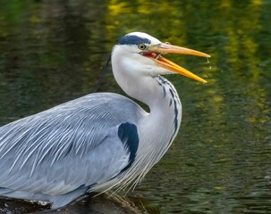 Majestic Large grey heron bird perched on a rock at the shore of a tranquil lake