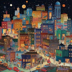Obraz premium AI generated illustration of a painting of a night cityscape featuring a glowing sky of stars