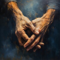 a painting of hands holding each other with dark blue background