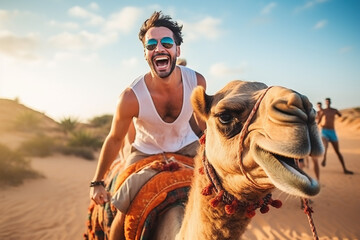 Happy tourist having fun enjoying group camel ride tour in the desert . Generative AI - obrazy, fototapety, plakaty