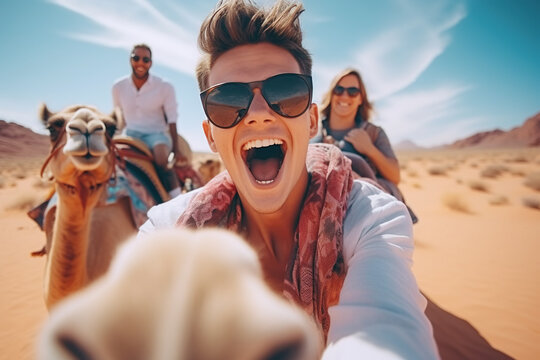 Happy tourist having fun enjoying group camel ride tour in the desert . Generative AI