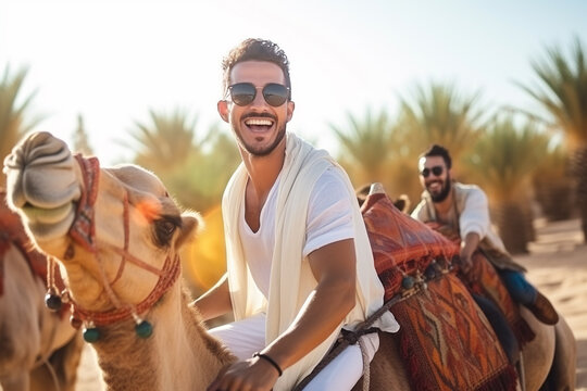 Happy tourist having fun enjoying group camel ride tour in the desert . Generative AI