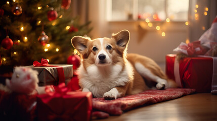 Corgi surrounded by gifts for Christmas, there is Christmas tree, home decor. Happy dog. Postcard for holiday. Generative AI.