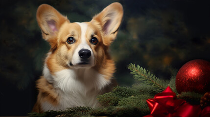 Portrait of corgi dog at Christmas, branches of fir tree and New Year's ball. A postcard for the holiday. Generative AI.