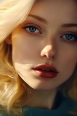 Generated illustration of a youthful woman with vibrant blonde hair and striking blue eyes