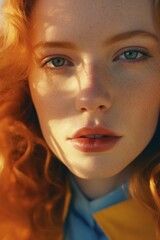 AI generated illustration of a youthful woman with vibrant ginger hair and striking blue eyes