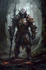 Fototapeta na wymiar medieval fantasy monster lizard knight warrior soldier sword in forest full body digital brush painting portrait created with Generative AI technology