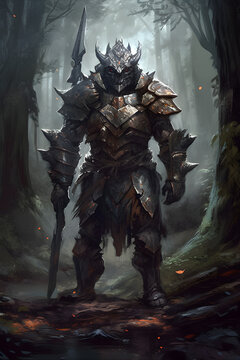 medieval fantasy monster lizard knight warrior soldier sword in forest full body digital brush painting portrait created with Generative AI technology