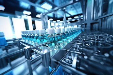 Obraz premium Pharmaceutical manufacture background with glass bottles with clear liquid on automatic conveyor line. Generative AI