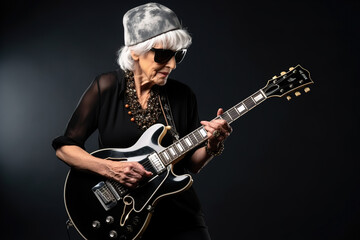 Portrait of a cool trendy old woman playing a guitar on black studio background. Generative AI
