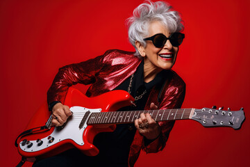 Obraz premium Portrait of a cool trendy old woman playing a guitar on red studio background. Generative AI