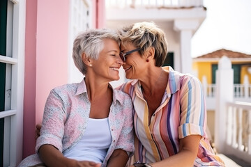 Senior gay lesbian couple kissing outside - LGBTQ aged tourists having tender moment during summer vacation. Generative AI - obrazy, fototapety, plakaty