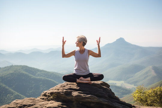 Senior woman doing yoga in top of a mountain. Generative AI